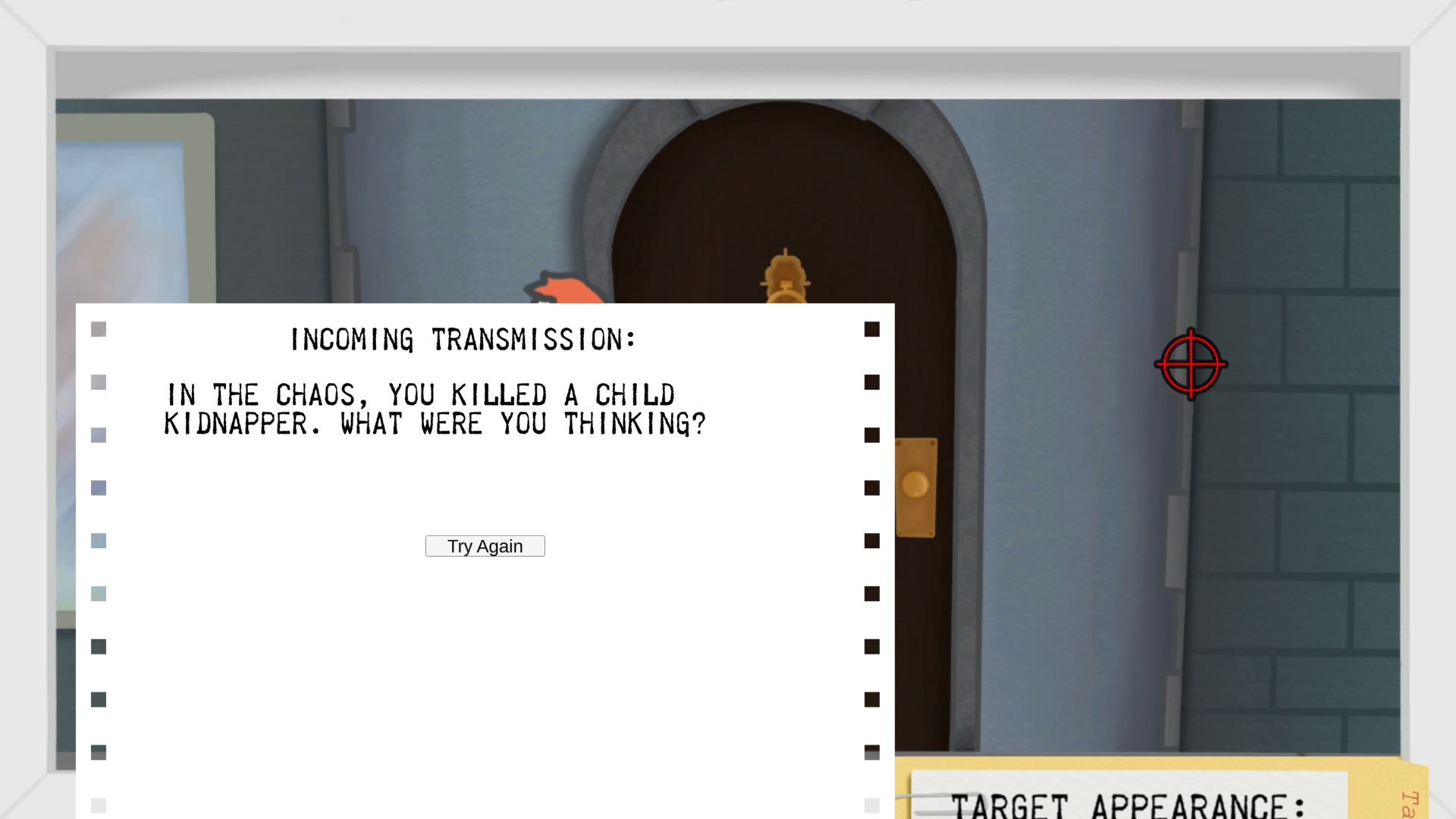 A screenshot of a failure screen in S-Tier Hitman. It says 'In the chaos, you killed a child kidnapper. What were you thinking?'. It is an example of the dark comedic tone the game sets.